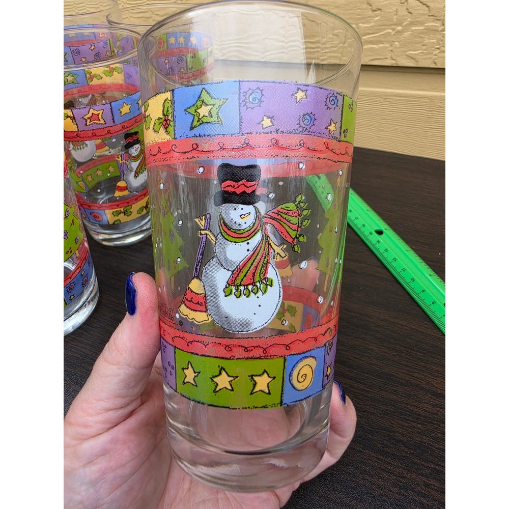 Sue Zipkin Snowman Christmas‎ Glass Tumblers Set of 12 Holiday Drinking Glasses